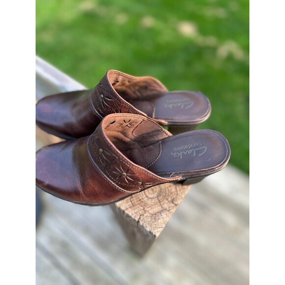 Clarks Bendables Wedge Heel Clog Brown Leather Womens Size 7.5 M - Picture 10 of 12